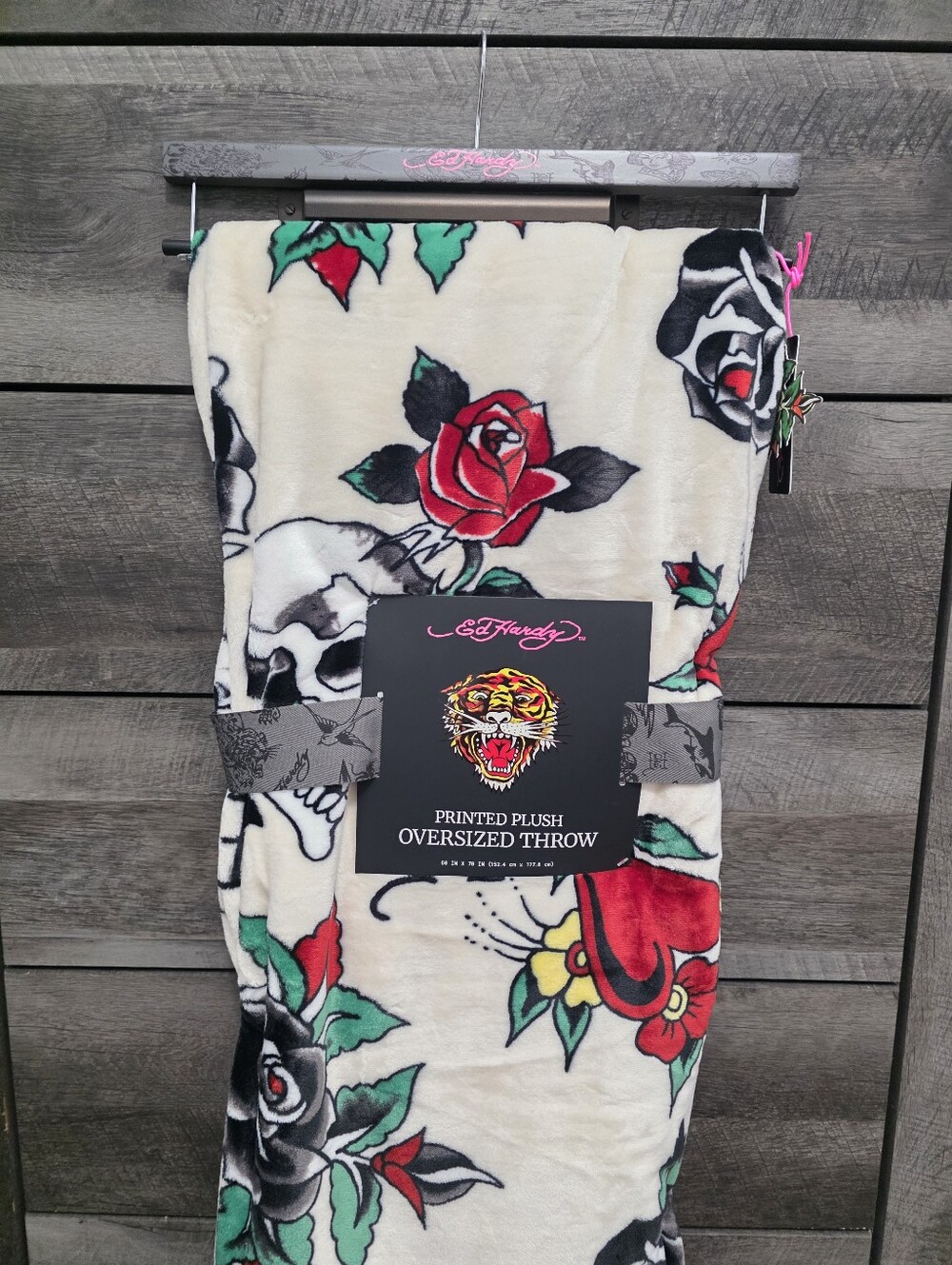 Ed Hardy Skulls & Roses Oversized Throw Blanket New